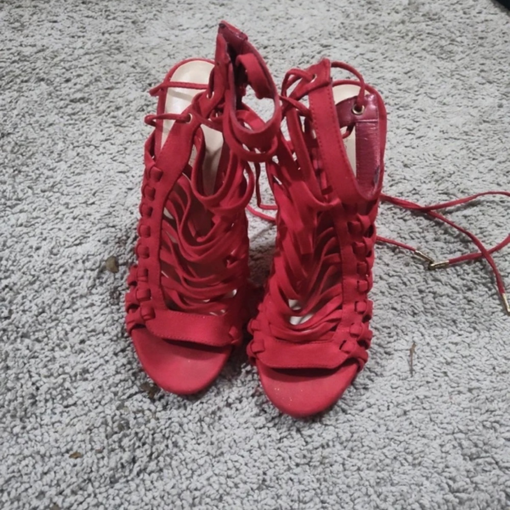 Shoe Dazzle Red Lace-Up Cage Heels
